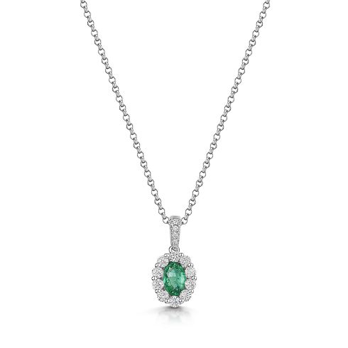 18ct White Gold Emerald and Diamond Pendant