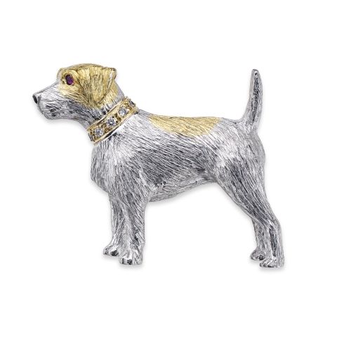 Terrier Brooch in White & Yellow Gold with Diamond Collar
