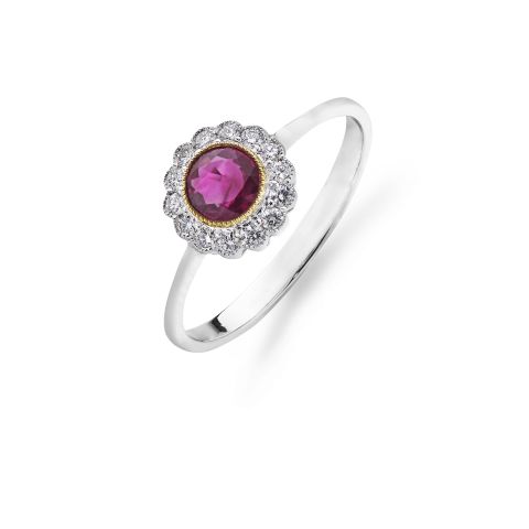 Round Brilliant-Cut Ruby & Diamond Cluster Ring in 18ct White Gold