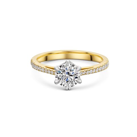The Engagement Collection: Brilliant-Cut 0.90ct 6 Claw Solitaire Ring With Diamond Shoulders In 18ct Yellow Gold