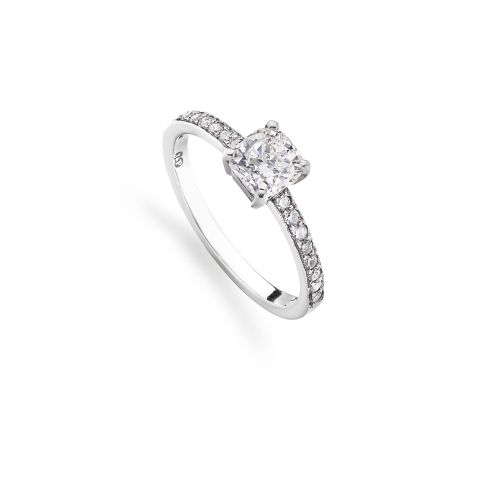 Cushion-Cut Diamond Engagement Ring with Pave Shoulders in Platinum