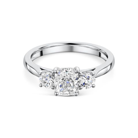 Cushion and Round Brilliant Cut Three Stone Diamond Engagement Ring in Platinum