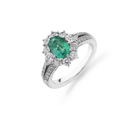 Oval Emerald & Diamond Cluster Ring in Platinum