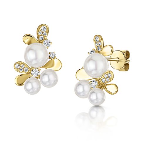 18ct Yellow Gold Pearl and Diamond Stud Earrings